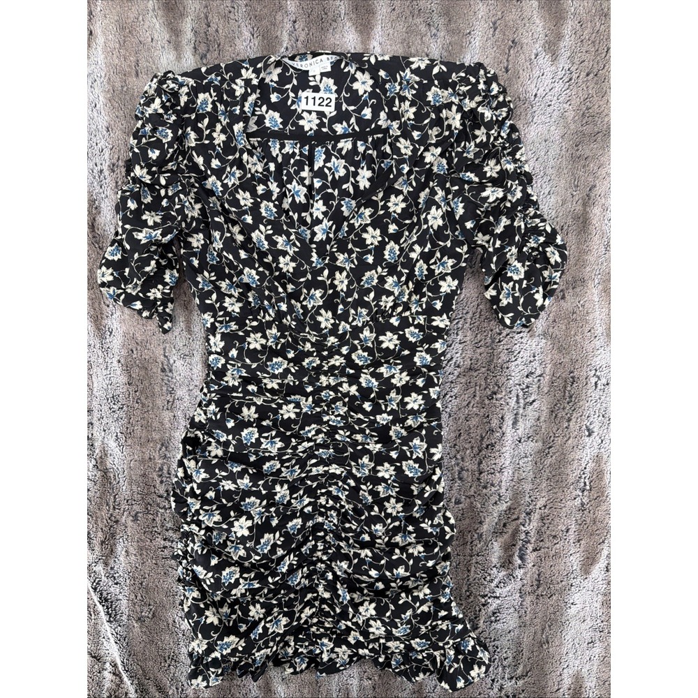 Veronica Beard Josephine Ruched Black Blue Floral Silk Blend Dress Sz 0